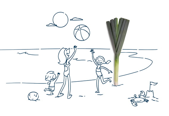 Cartoon of a family playing with a ball on the beach in front of a leek.