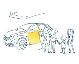 Cartoon of a family standing in front of a car.