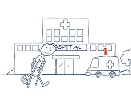 Cartoon of an injured man leaving the hospital.