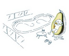 Cartoon of a man sitting in an avocado swinging chair.