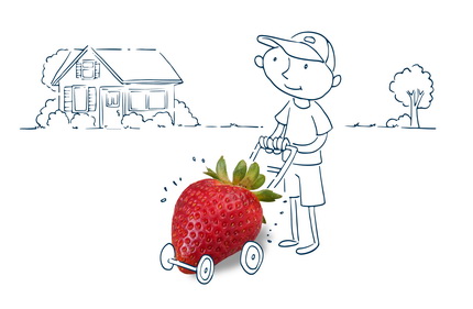 Man pushing a strawberry lawn mower | Featured Image for the Midlife Financial Planning Page by Astute Brisbane Central.