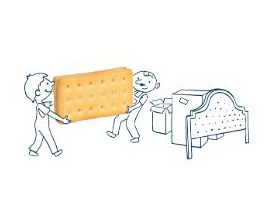 Cartoon of removalists carrying a mattress made of biscuit.