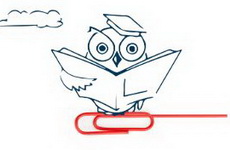 Cartoon of a bird sitting on a red paperclip.